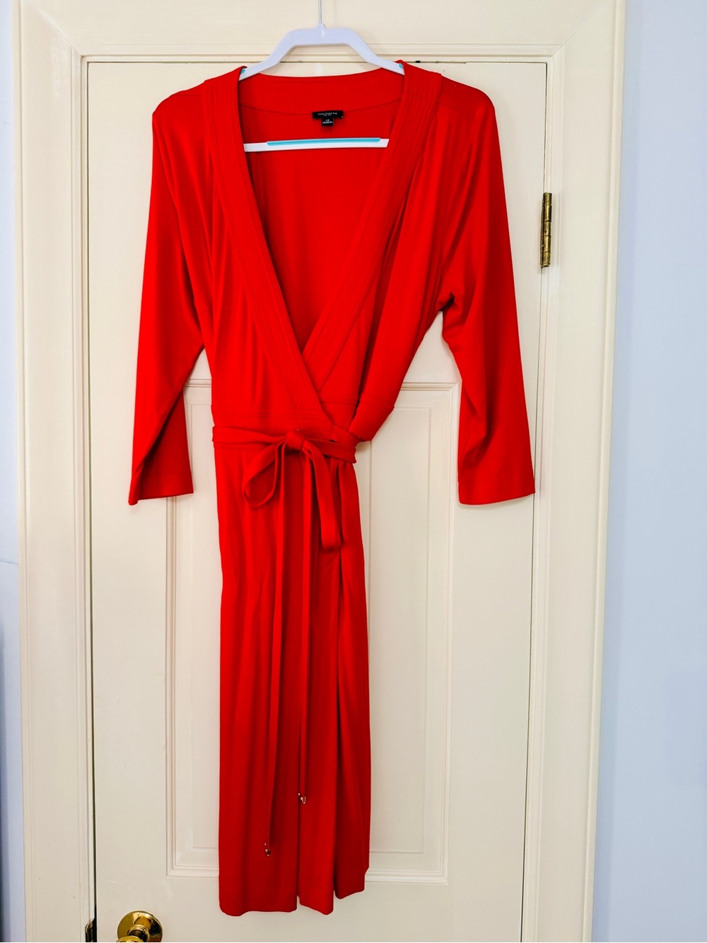 Ann Taylor Tomato Red Wrap Dress with Tie Waist and Three-Quarter Sleeves
